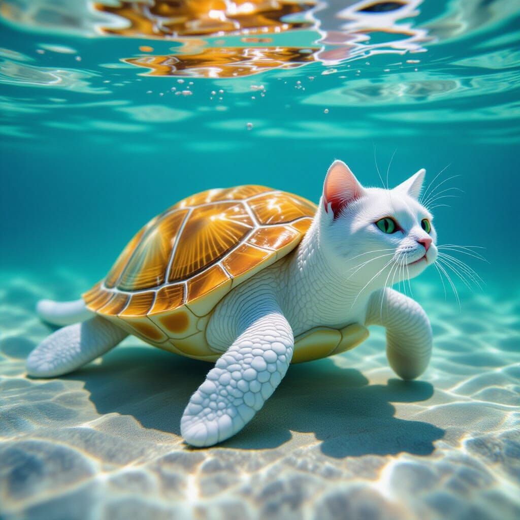 Dreamy Tortoise Cat Floats in Aquatic Surrealism