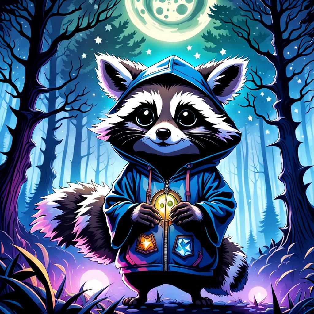 Chibi Raccoon in Spooky Halloween Forest, Watercolor Paintin...