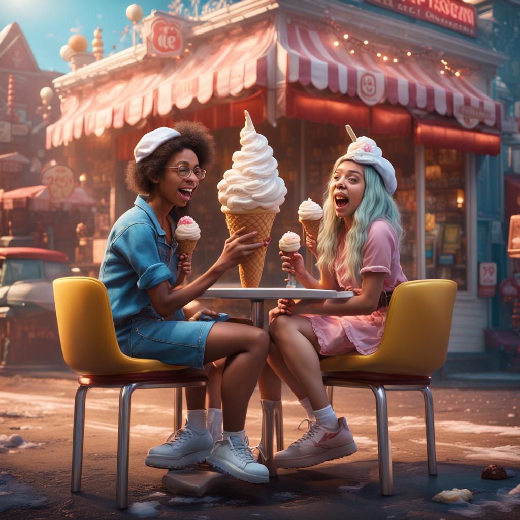 Friends Enjoying Ice Cream: Detailed Matte Painting