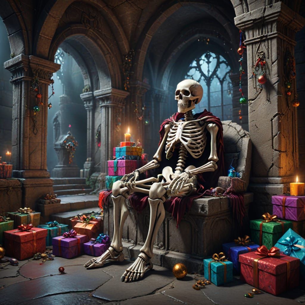 A skeleton is sitting Inside a eerie gothic crypt, there are...