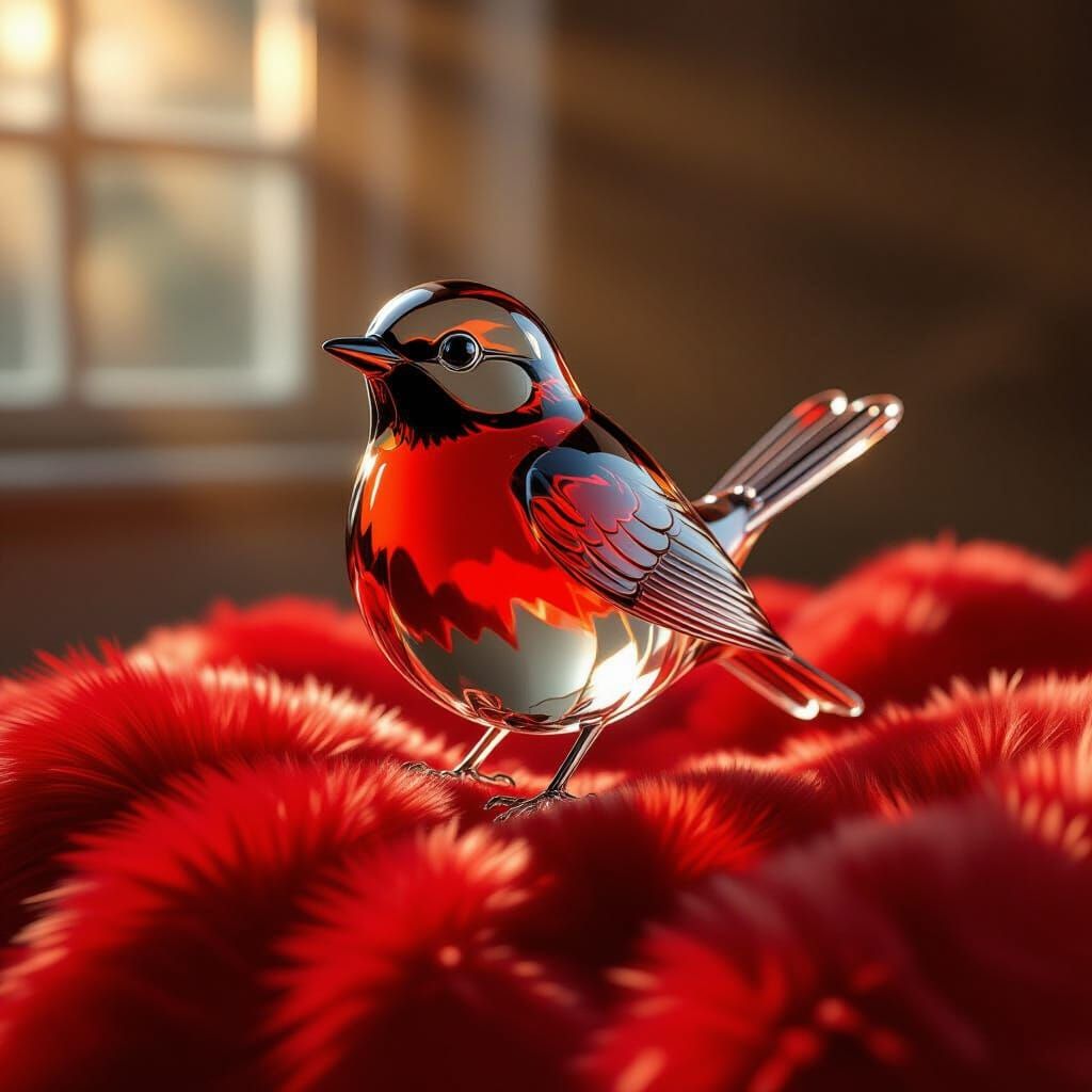 Glass Robin on Red Fur with Dramatic Lighting