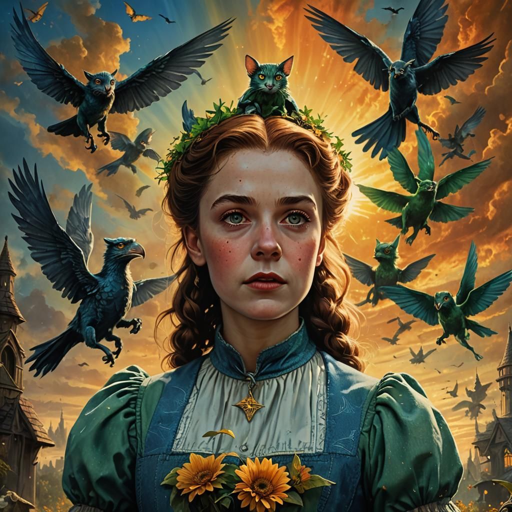 Dorothy and Flying Monkeys at Sunset: Hyperrealistic Portrai...