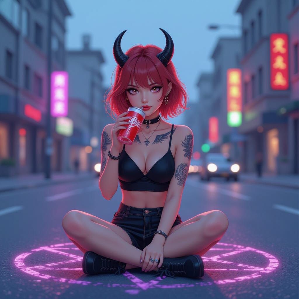Anime Woman with Wings in City Center Pentagram