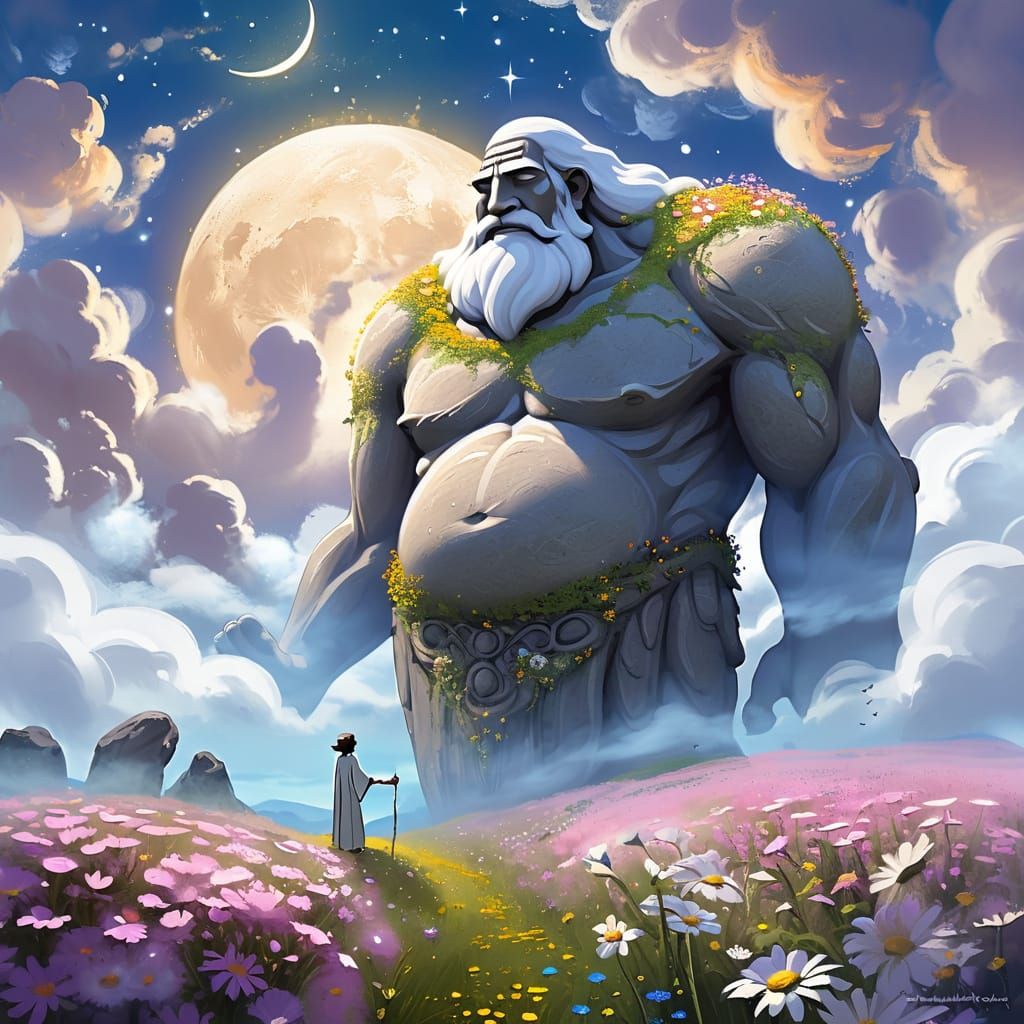 Stone Giant Slumbering in Ethereal Flower Field