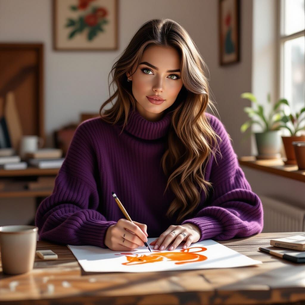 Woman Sketching a Cat in Hyperrealistic Style