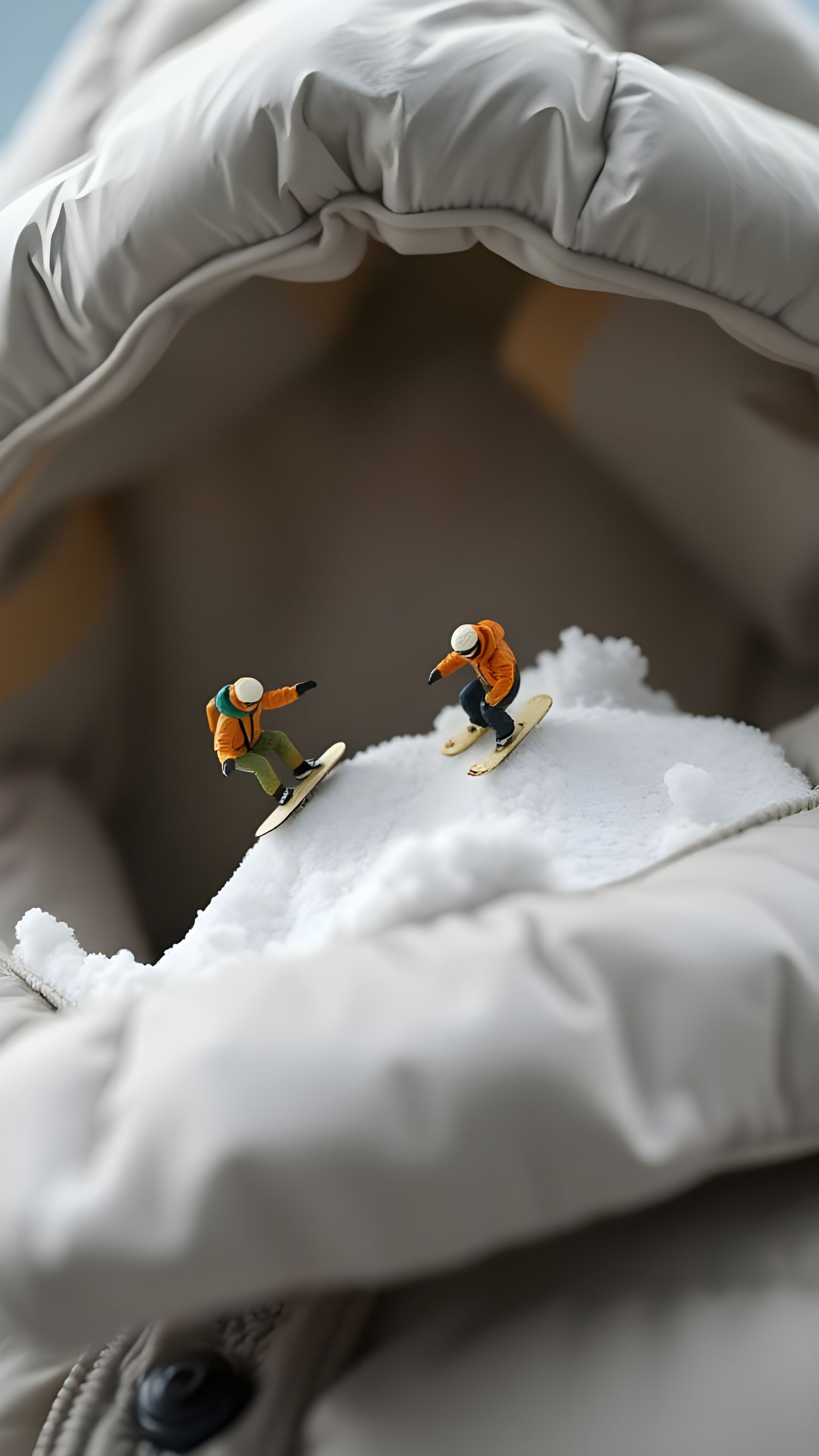 Macro Snowboard Diorama on Goose Down Jacket