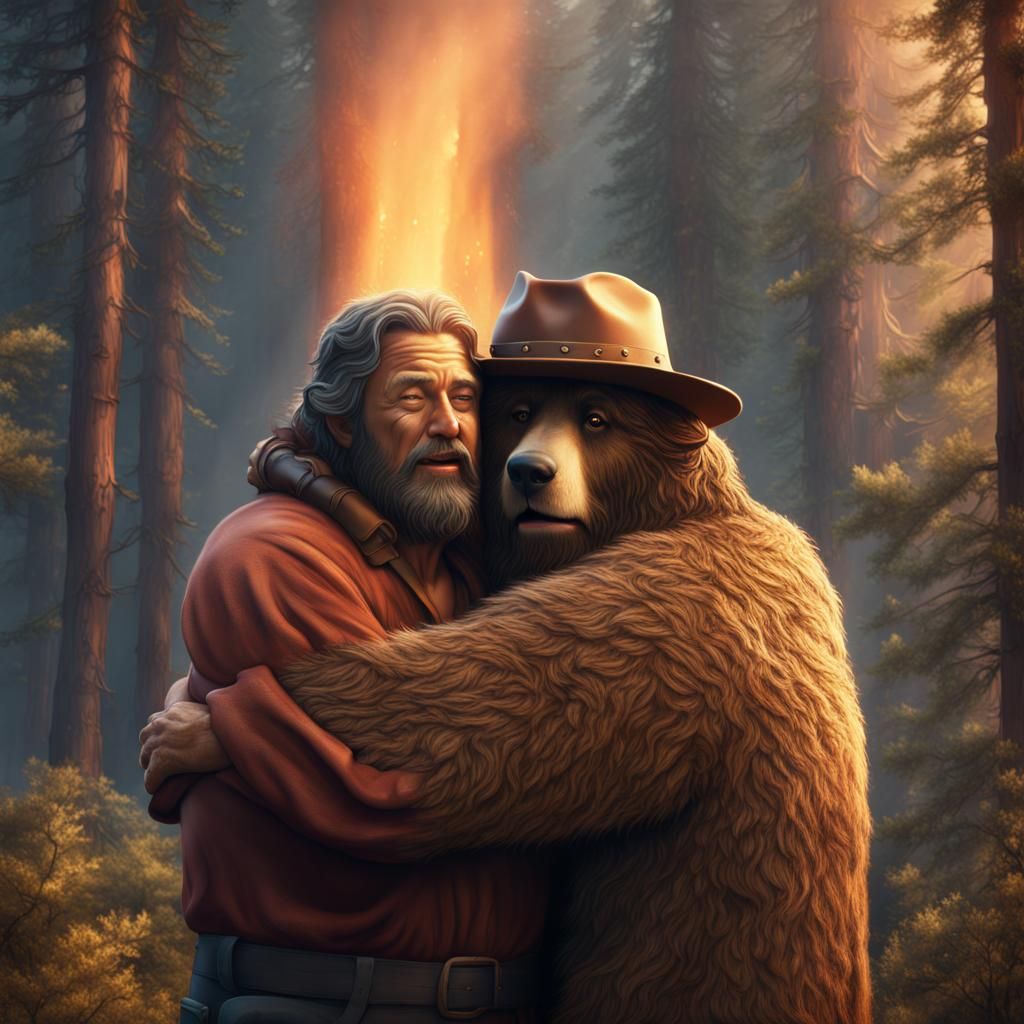 Jesus and Smokey Bear Hug: Detailed Matte Painting