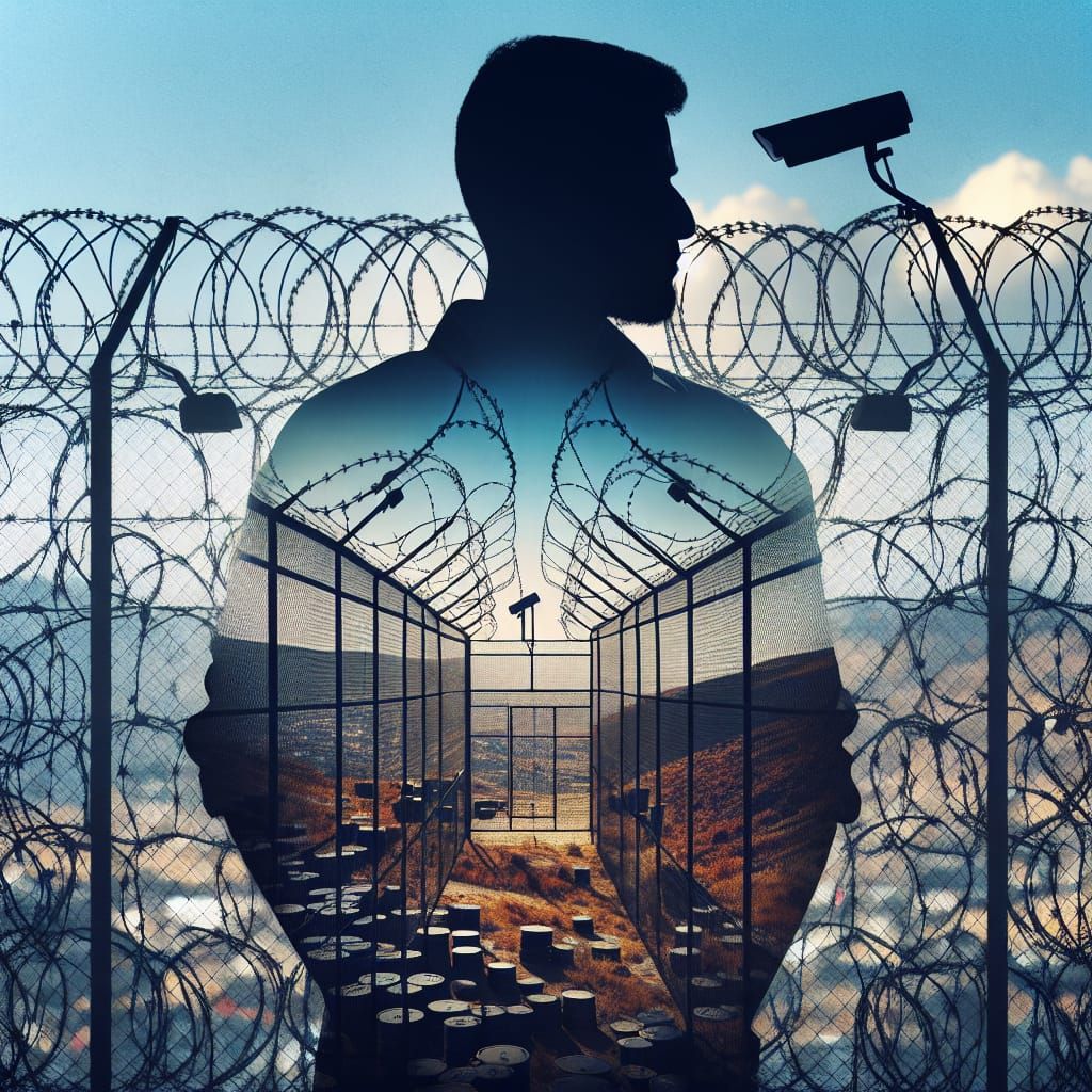 Oppression: Silhouette of a Man Behind Barbed Wire