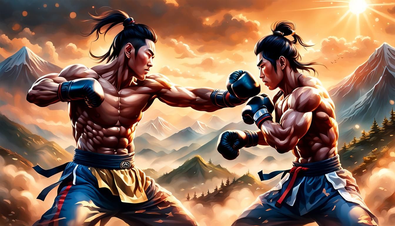 Martial Arts Sparring on Mountain in Digital Art