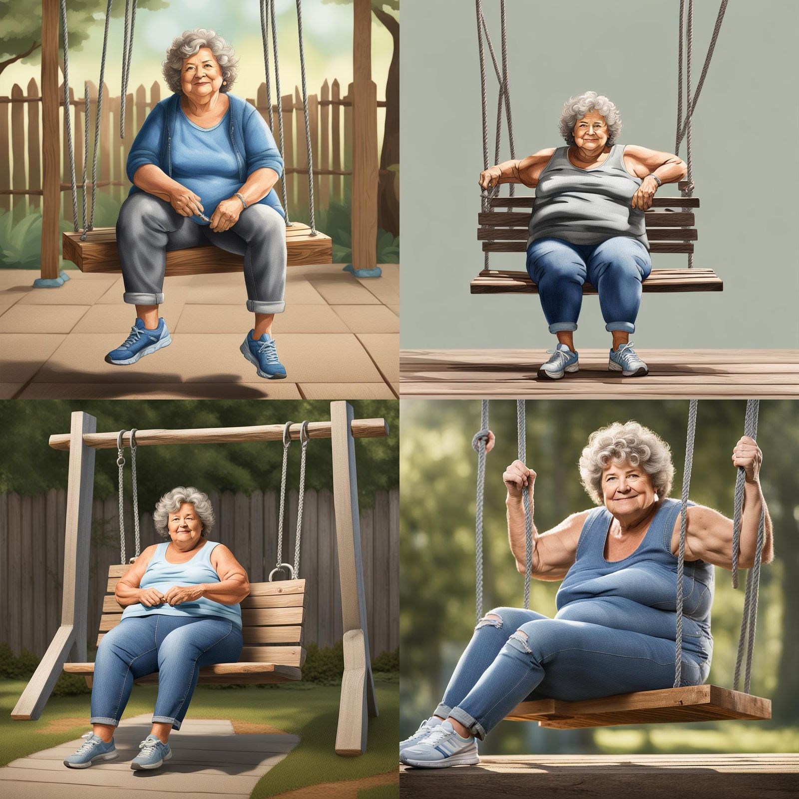 Woman on Swing with Animals, 3D Rendered