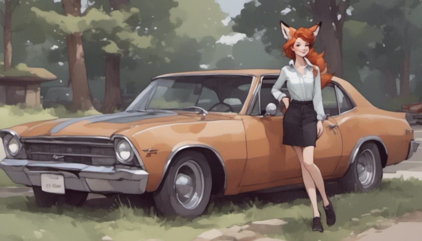Fox-girl Vixen standing next to a 77 Chevy Nova