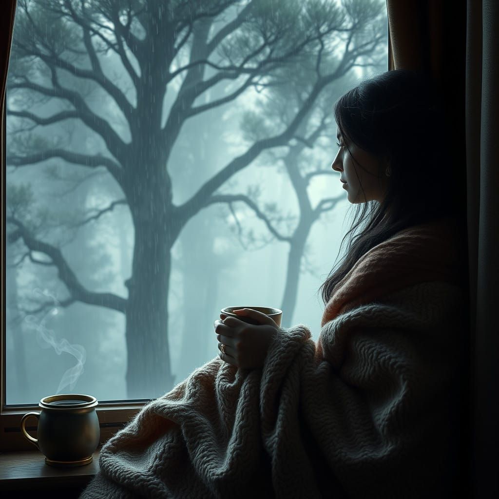 Serene Woman in Cozy Room with Foggy Window and Steaming Cof...
