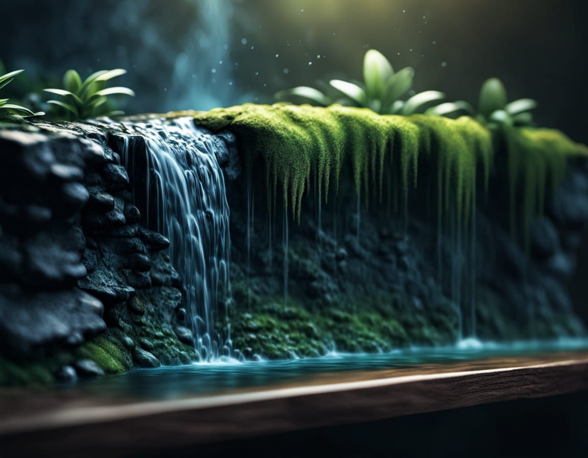 Hyperrealistic Tiny Waterfall on a Shelf
