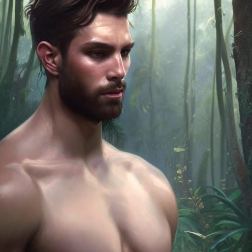 Handsome Man in Water Forest: Hyperrealistic Portrait