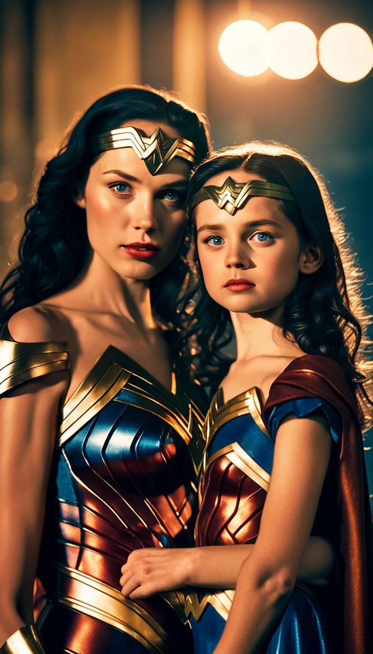 Young Wonder Woman and Sister: Reflective Latex Costume