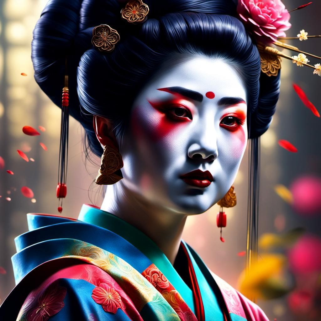 Detailed Geisha Portrait in Splash Art Style