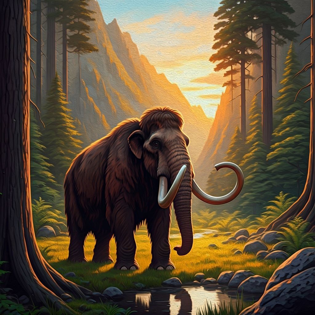 Majestic Mammoth Grazing in Prehistoric Valley as Impasto Pa...