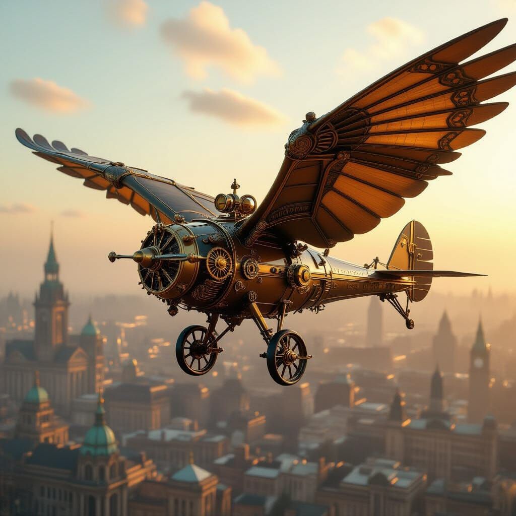Steampunk Ornithopter Soaring Over Victorian Cityscape