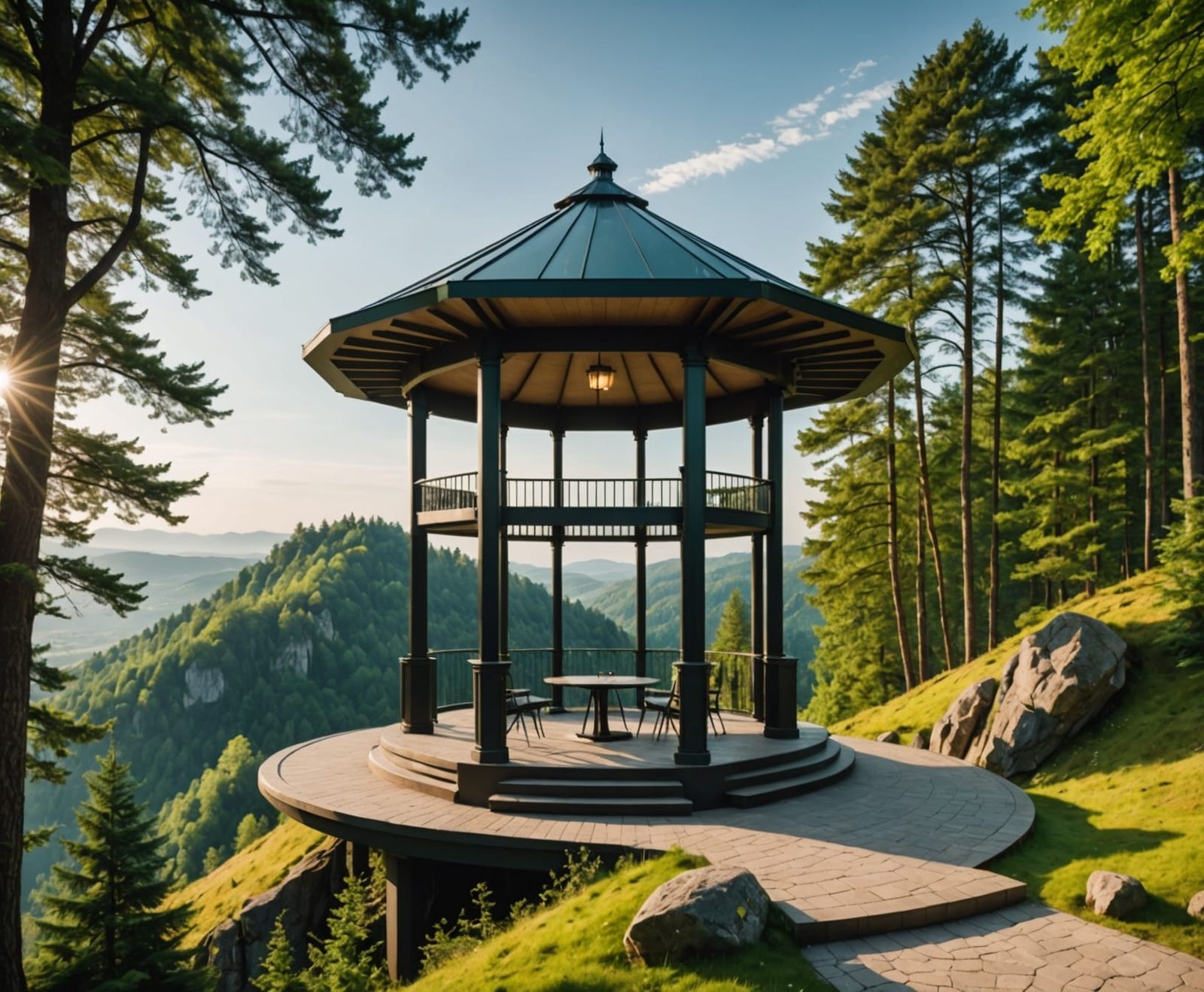 Surreal Neo-Futuristic Cliffside Gazebo in a Magical Forest