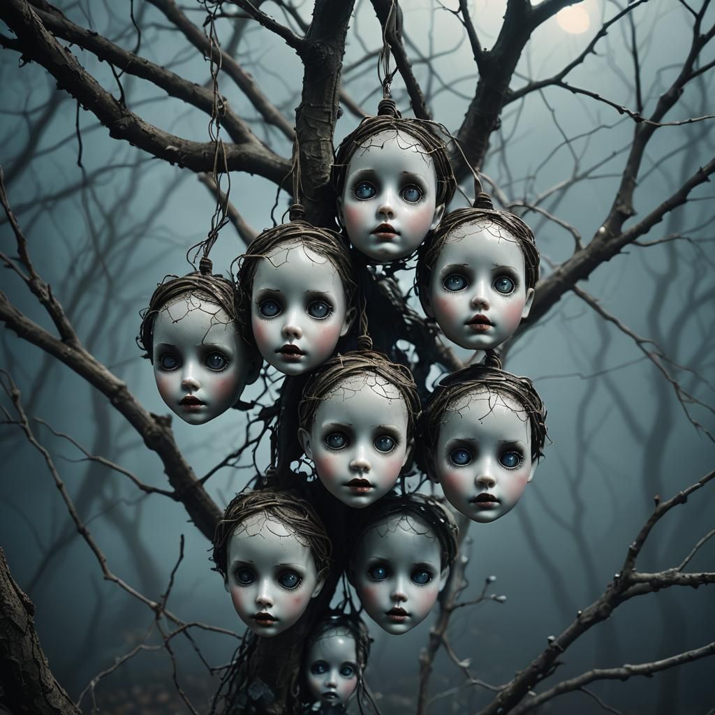 Eerie Doll Heads in Dark Surrealism