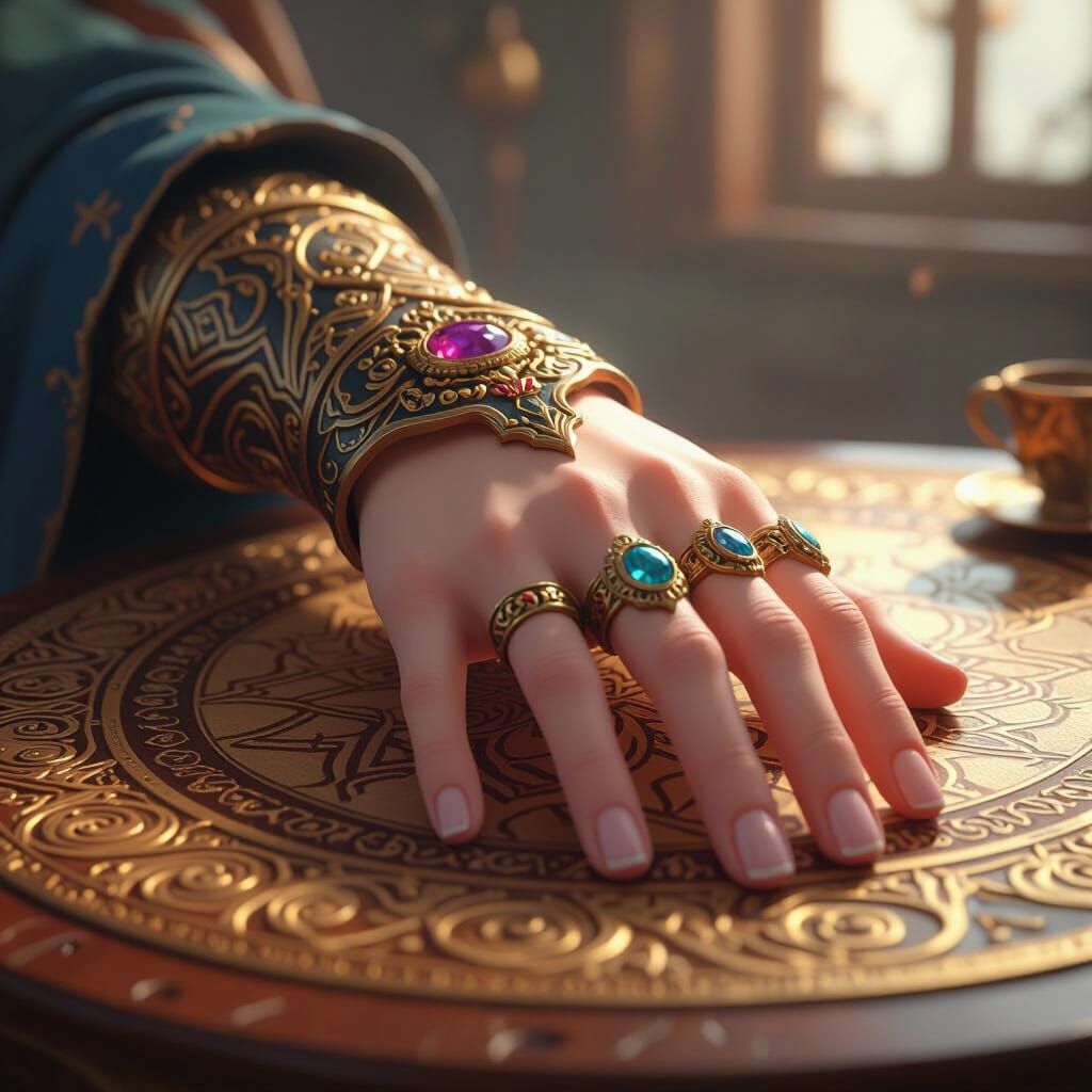Six Finger Hand with Ornate Cuff on Wooden Table