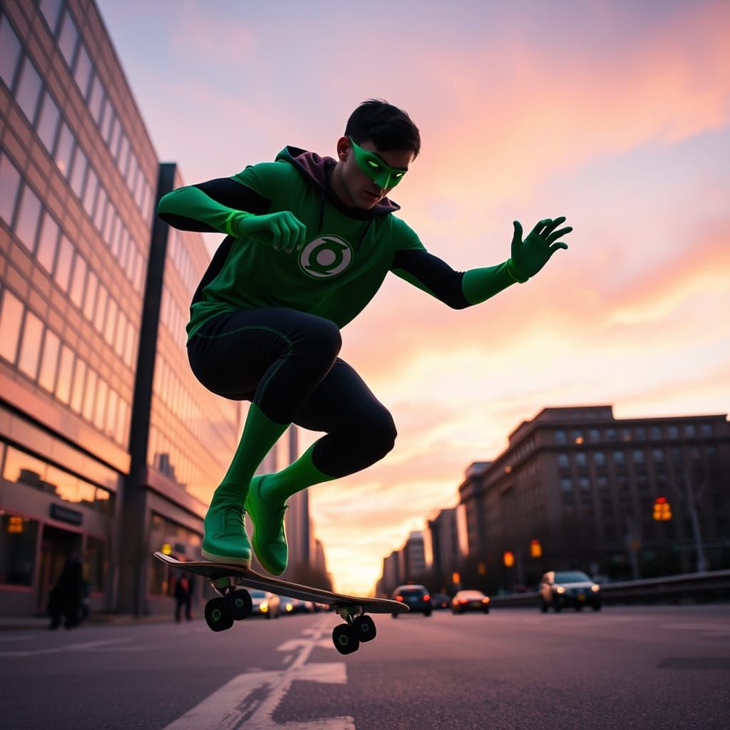 Green Lantern Skateboarding City Parkour in Hyperrealistic 8...