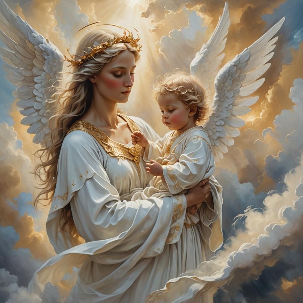 Angelic Embrace in Heavenly Light: Surreal Oil Painting