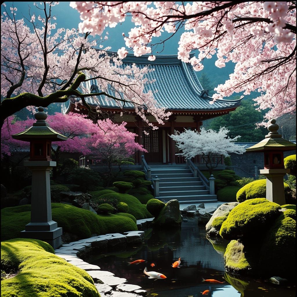 Japanese Temple Amidst Serene Garden Landscape