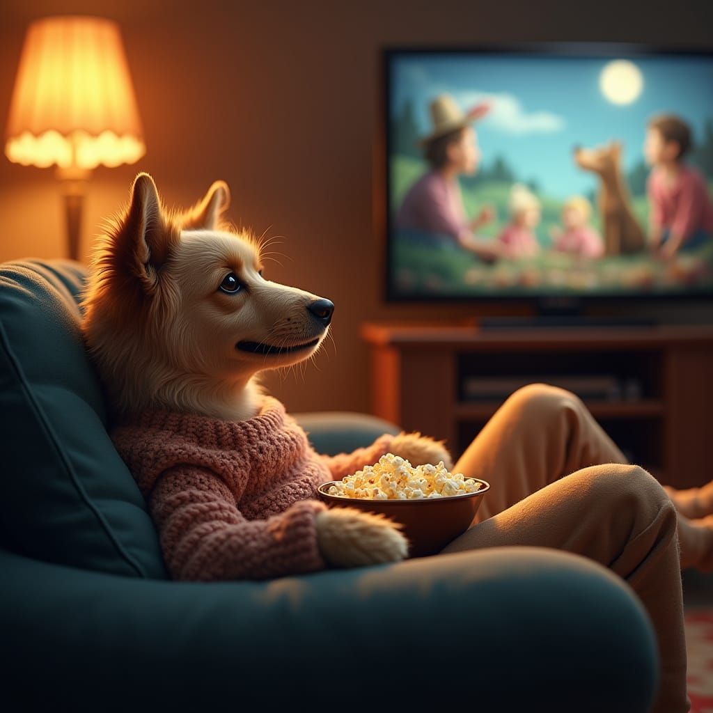 Relaxed Dog in Plush Sofa Watching TV with Popcorn