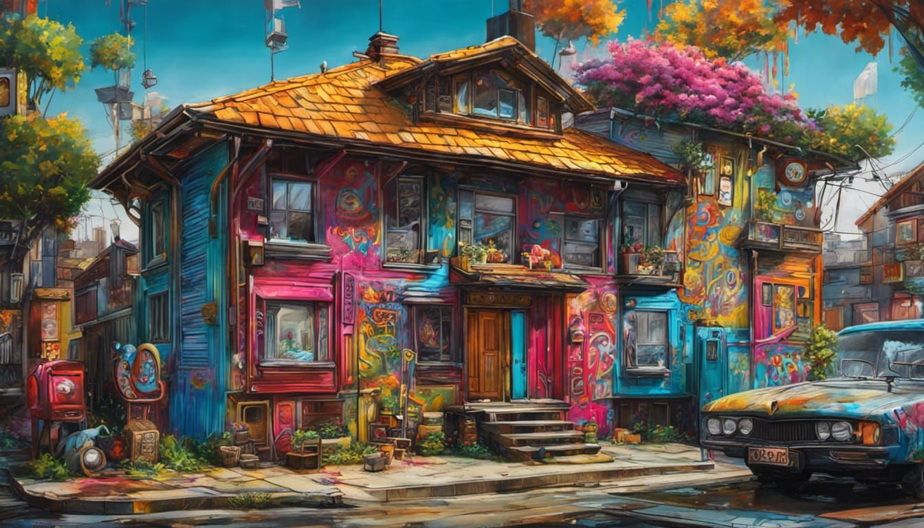 Recycled House: Detailed Graffiti Art Style