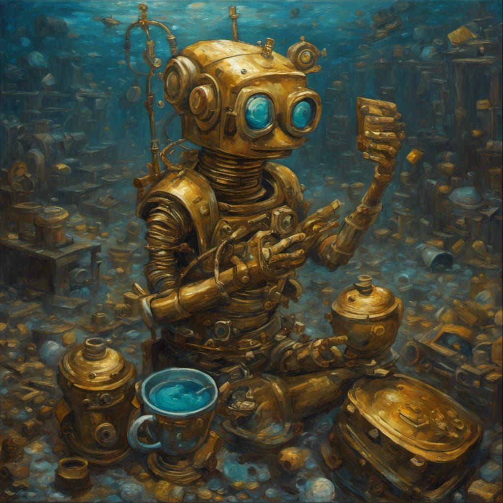 Golden Robot Mermaid in Underwater Shipwreck, Expressionist ...