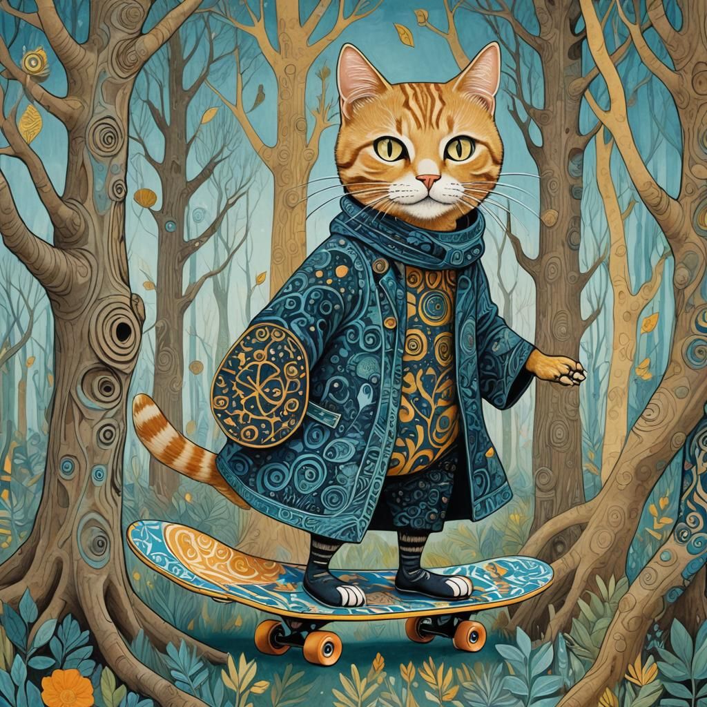 Cat on Skateboard in Fantasy Forest: Art Brut Illustration