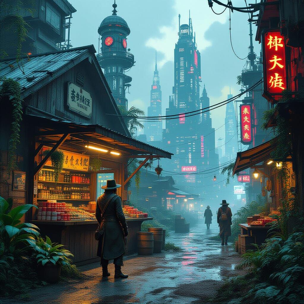 Cyberpunk Farm Stand on Alien Planet