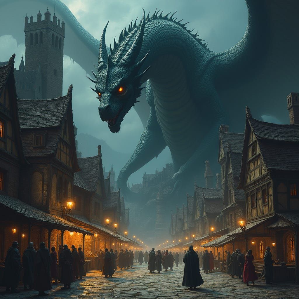 Colossal Dragon Over Medieval Castle Marketplace
