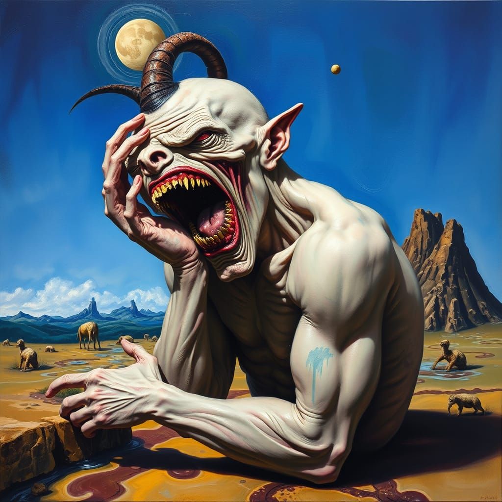 Human Agony: Surreal Figure in Bold, Vibrant Style