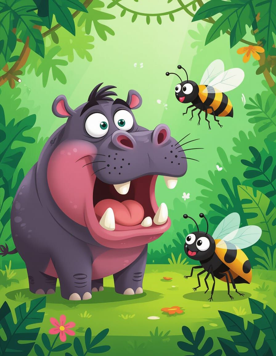Cartoon Jungle Scene with Hippo, Beetle, and Wasp