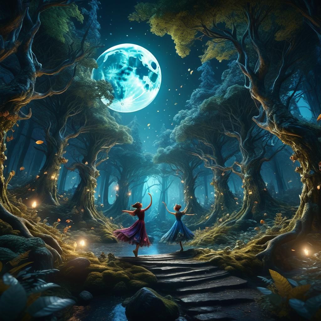 Fairies Dancing in Moonlit Forest: Fantasy Concept Art