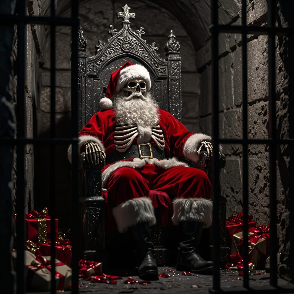 Skeleton Santa on Throne in Mausoleum, Photorealistic