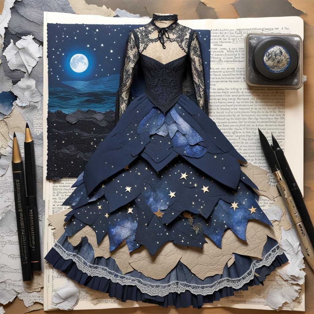 Hyper Realistic Paper Collage Ballgown, Long Sleeved Lace Bodice, Edwardian Layered Skirt, Gritty Torn Handmade Paper, A...