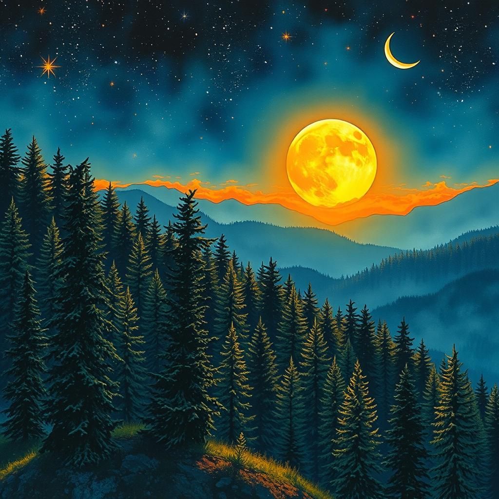 Alcohol Ink Forest Hillside with Crescent Moon