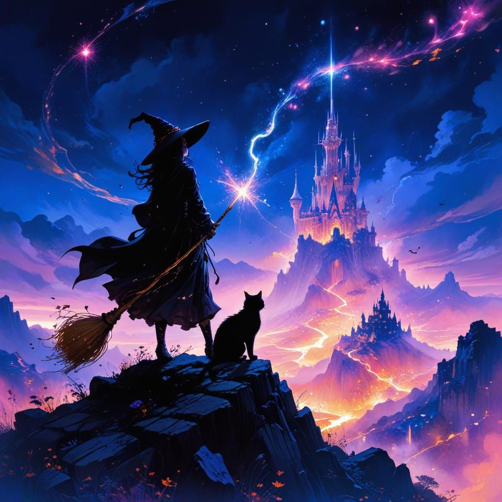 Mystical Witch Gazes at Enchanted City at Night