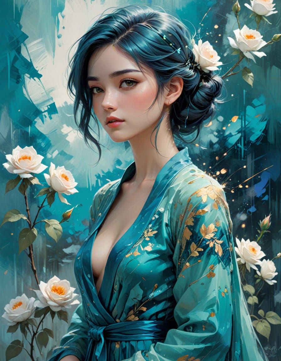 Anime Woman in Ethereal Turquoise Garden