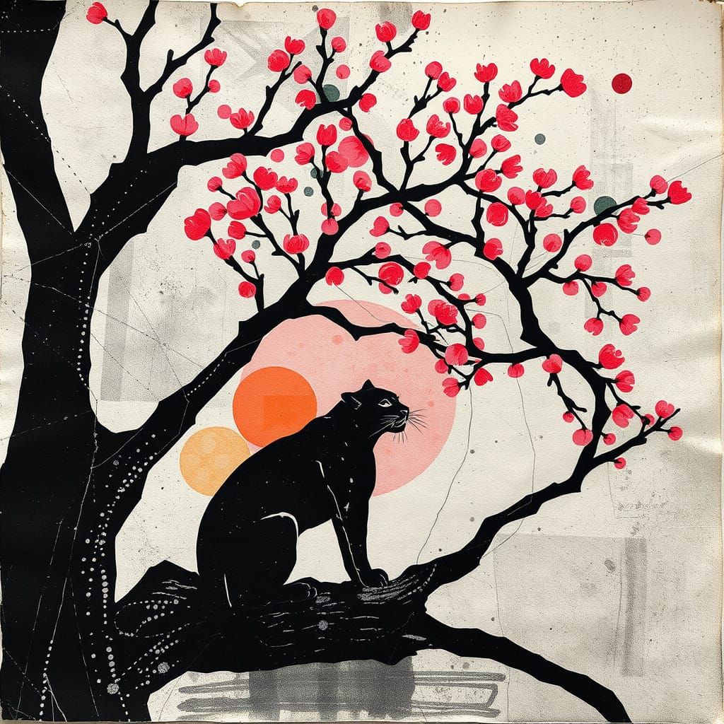 Abstract Panther Amidst Sakura Blooms in Moody Textured Coll...