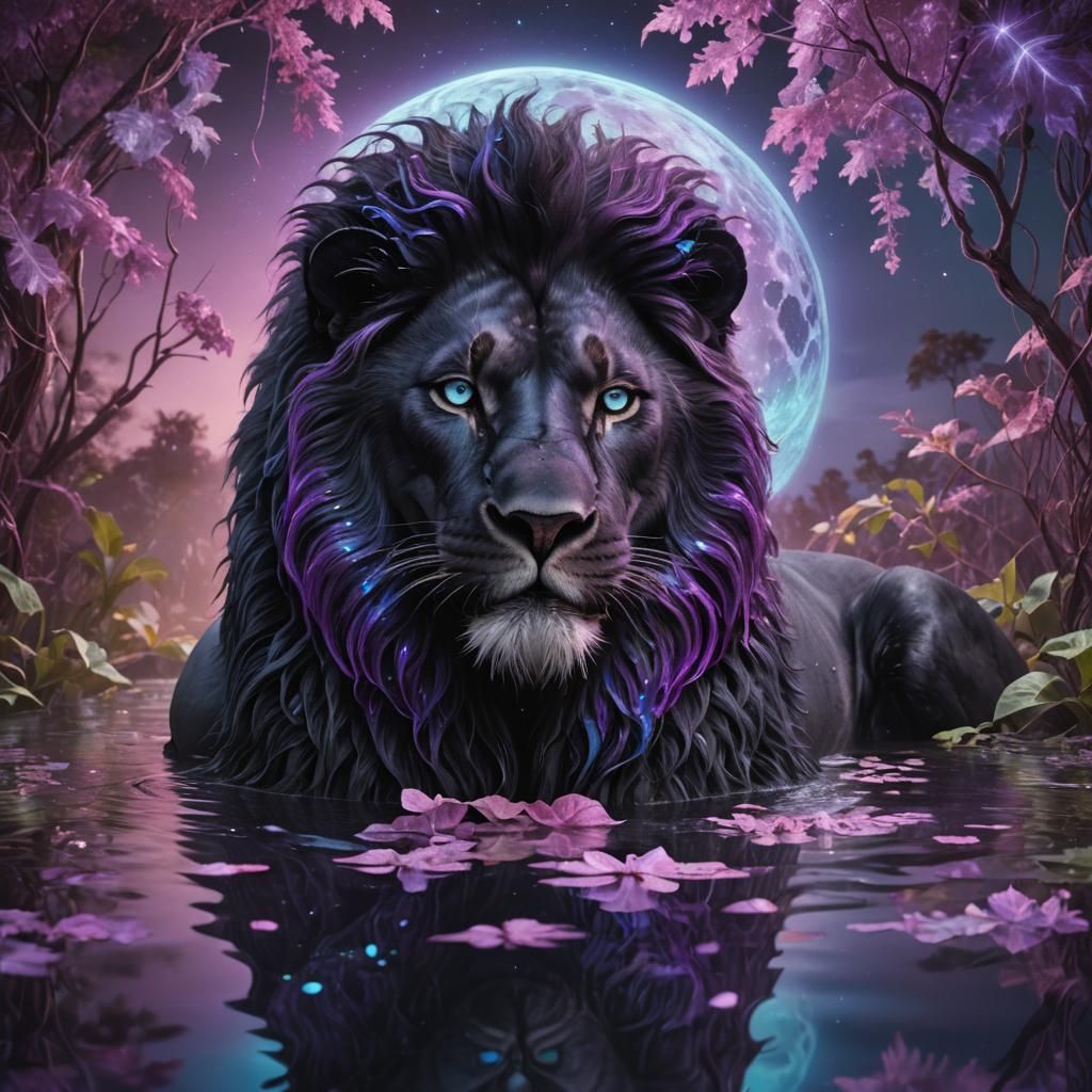 Black Lion in Surreal Fantasy Landscape
