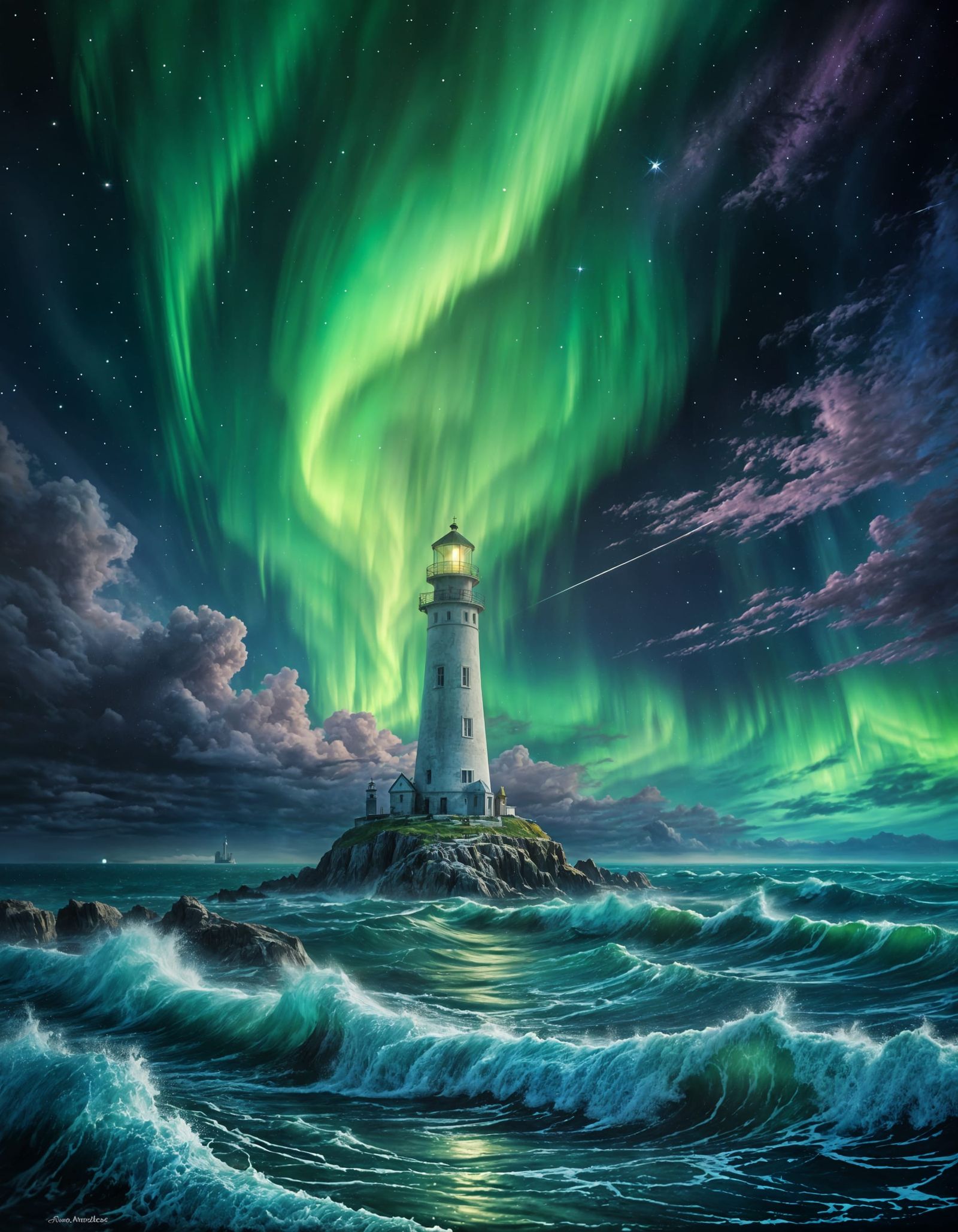 Arctic Lighthouse Under Northern Lights in Surreal Oil Paint...
