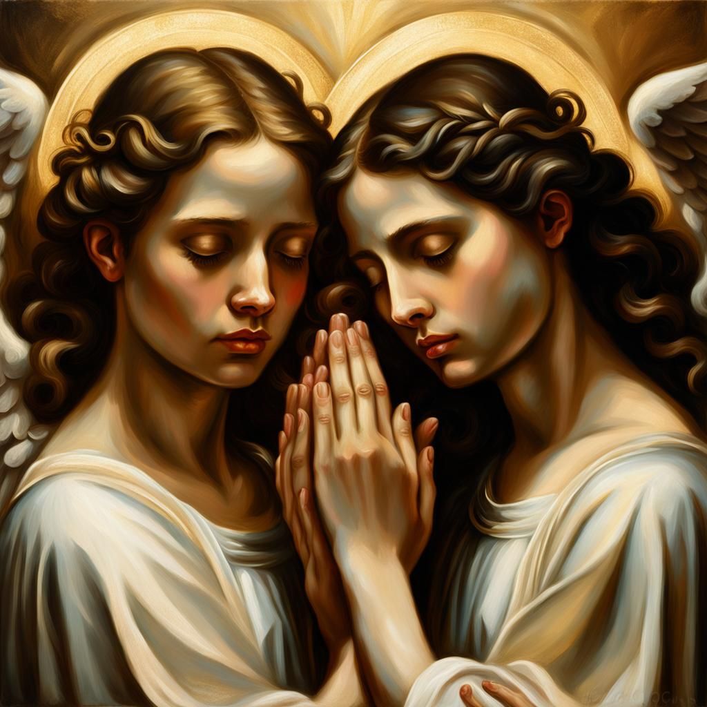 Angels Blessing Woman: Baroque Oil Painting