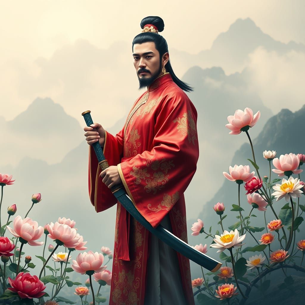 Majestic Chinese Warrior Amidst Vibrant Blooming Flowers