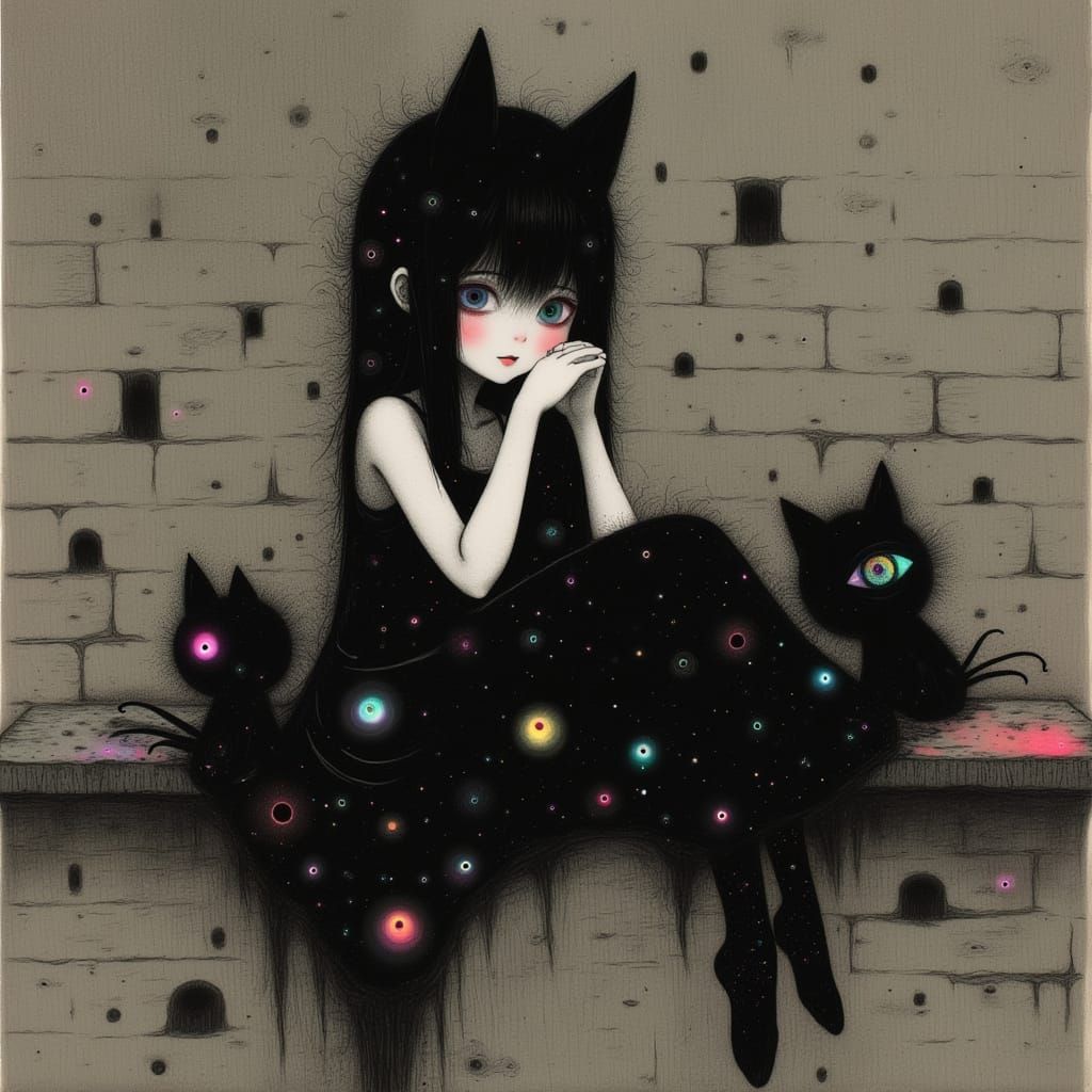 Enchanting Anime-Inspired Scene with a Woman and Black Cats