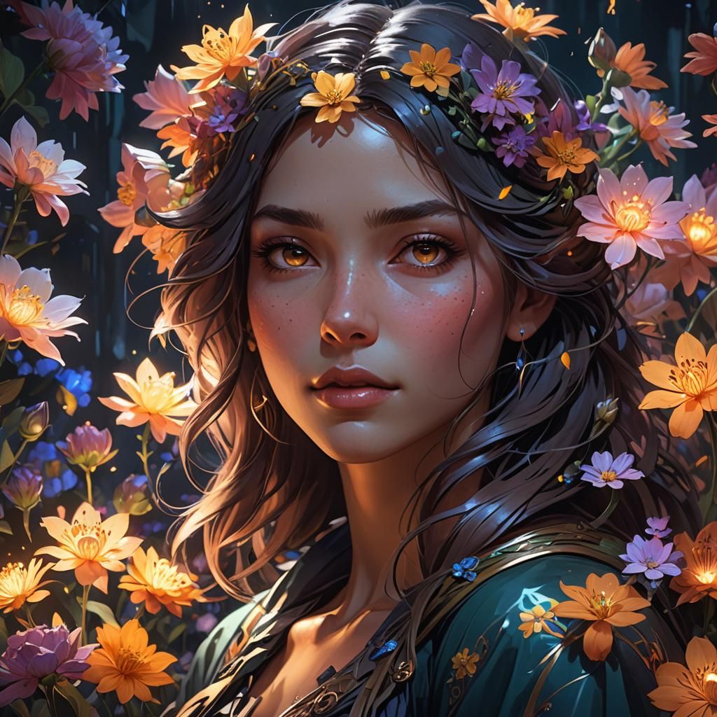 Girl and Glowing Flowers: Hyperdetailed Portrait