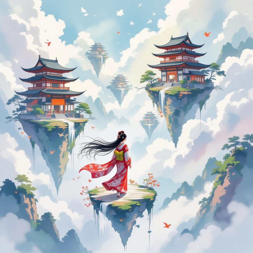 Floating Japanese Islands with Graceful Women in Watercolor ...